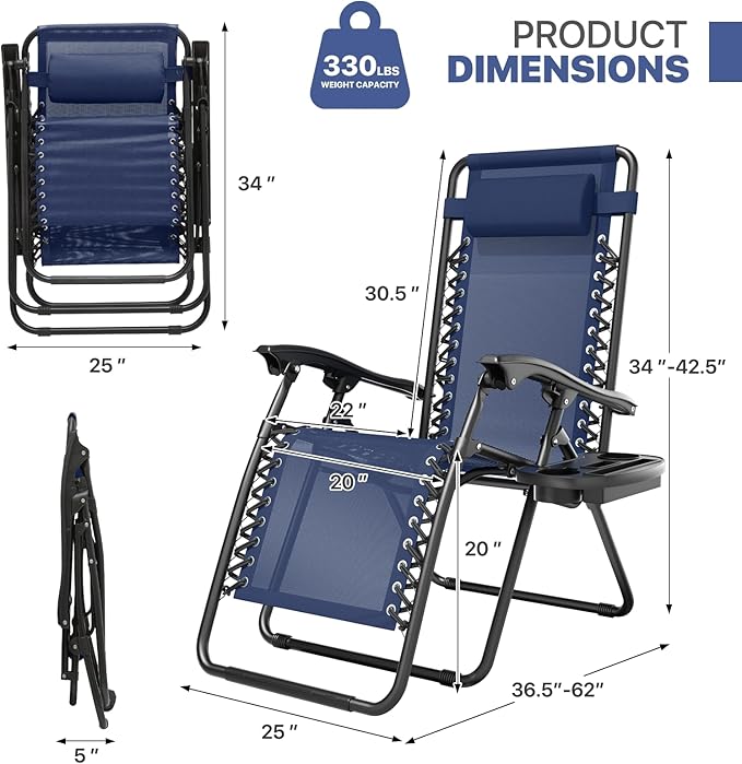 Magshion Zero Gravity Lounge Chairs Set of 2, Outdoor Patio Reclining Chair with Side Tray, Adjustable Anti-Gravity Recliners with Pillow Headrest, Folding Lounger for Lawn Camping Beach, Navy Blue