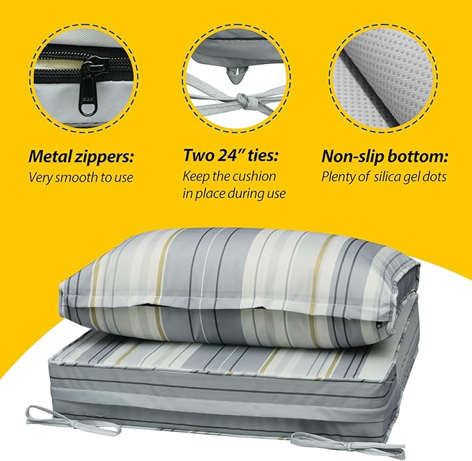 AAAAAcessories Outdoor Seat Cushions for Chairs, Fade-Resistant, Waterproof Patio Furniture Replacement Cushions, 24" x 24" x 5" + 24" x 13.5", Ash Blue Harbor Stripe