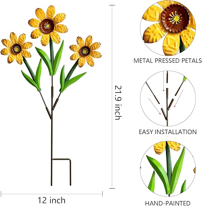 Metal Flowers for Outside,2 Pack Large Colorful Decorative Garden Stakes Yard Art,Spring Garden Decor for Lawn, Pathway & Garden(21.9 * 12IN)