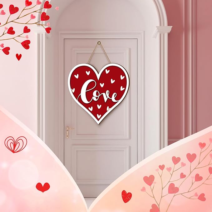 Boao Welcome Valentine's Day Wooden Door Hanging Sign Decor Heart Shaped Farmhouse Door Decor Vintage Valentine's Day Wood Sign Rustic Wall Plaque Ornaments for Window Wall Porch