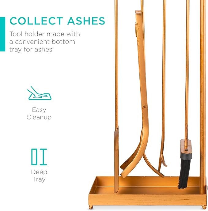 Best Choice Products 5-Piece Modern Contemporary Fireplace Tool Set for Indoor Fireplace Décor, Outdoor Fire Pit w/Poker, Tongs, Dust Pan Shovel, Brush, Ergonomic Handles - Antique Gold