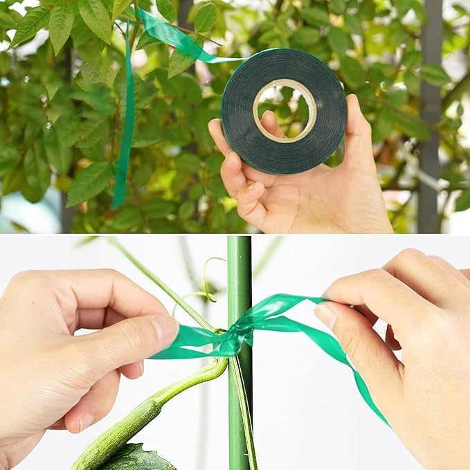 Unves 2 Pack Garden Tape Roll, 150 Ft Thick Reusable Green Plant Ties Nursery Tapes, 1/2" Wide Stretch Ties Tape Tomato Plant Support for Indoor Outdoor Patio Furit Tree, Climbing Flowers, Vegetables