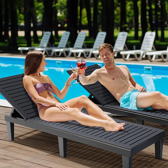 VINGLI Outdoor Chaise Lounge Chair Set of 2, Waterproof Outdoor Lounge Chair with 5-Level Adjustable Backrest, Patio Chaise Lounges for Garden, Pool, Beach Patio Deck Sunbathing (Black, 2 PCS)
