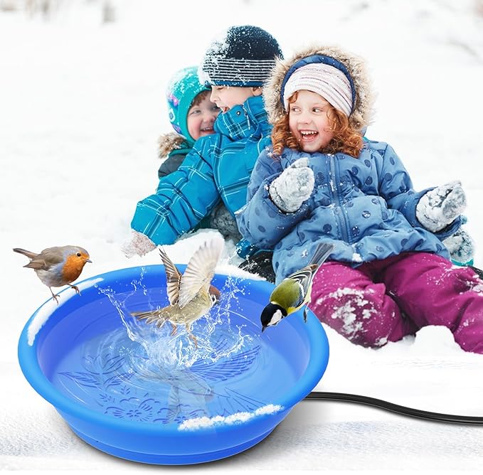 Heated Bird Bath Bowl for Outside,100W Thermostatically Controlled Heated Birdbath Single Bowl Water Heated Bird Bath for Outdoor Winter Garden Patio Yard Lawn Deck(Blue)