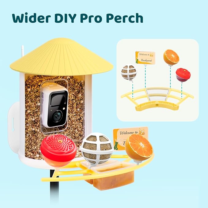 NETVUE by Birdfy Pro Perch - Wider Extension Perch to DIY Add-ons Including Suet Ball, Mini Hummingbird Feeder, Fruit Holder, Jelly Feeder and Welcome Card, Ideal for Bird Lover (Yellow)