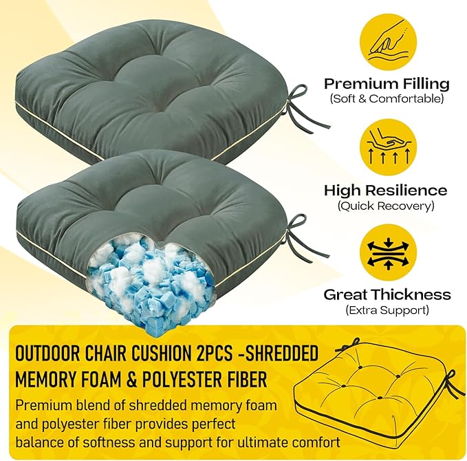 Outdoor Chair Cushions Set of 2, Outdoor Cushions for Patio Furniture and Wicker Chair, Memory Foam Patio Seat Cushion Pads with Ties, 19 x 19 Inch (Grey)