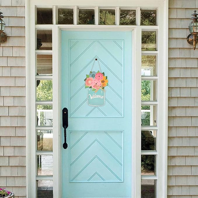 Spring Flower Door Sign Mason Jar Wood Hanger Floral Front Door Porch Spring Summer Mother's Day Farmhouse Decor