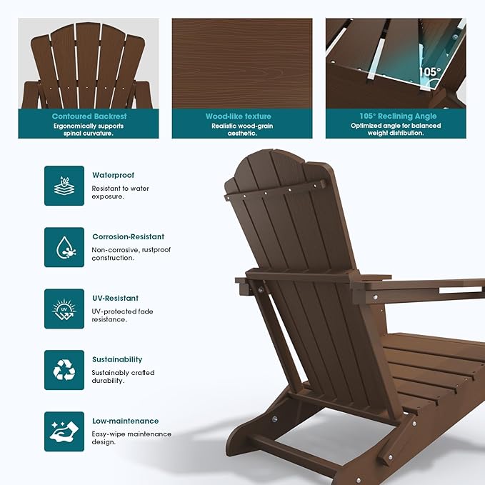 Folding Adirondack Chair,HDPE All-Weather Outdoor Chair with Cup Holder,Wooden Textured,Fire Pit Chair,Plastic Patio Chair for Deck,Backyard,Garden,Lawn(Brown)