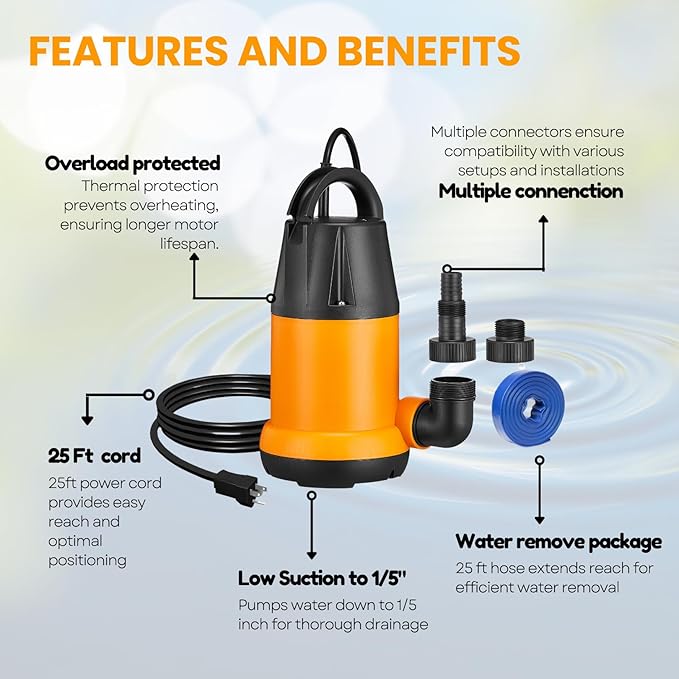 Submersible Water Pump With 25ft. Hose Kit, Sump Pump, Utility Pump with 25-Foot Power Cord, 4000GPH, Portable Water Pump for Swimming Pools, Garden Ponds, Basements, Multi-Purpose Drainage