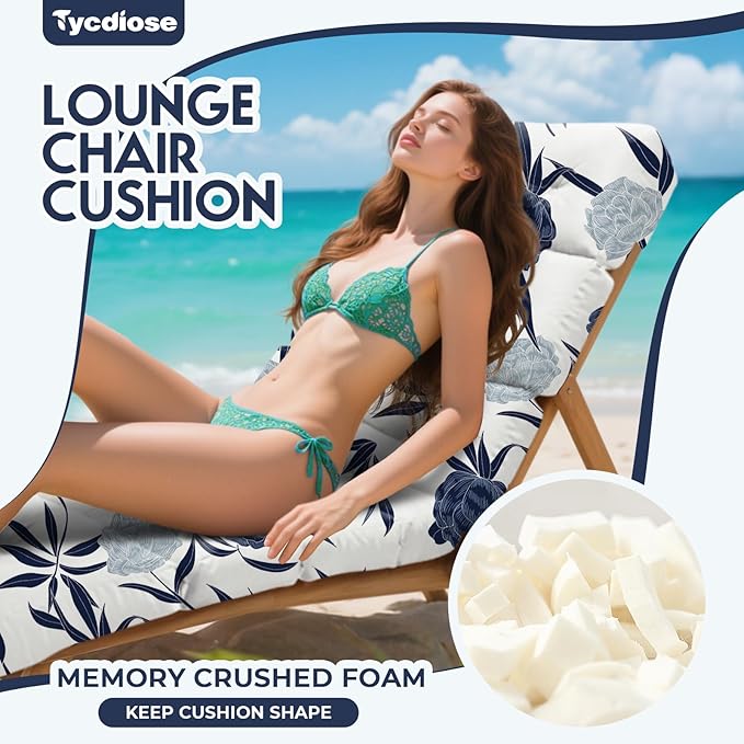 All Weather Chaise Lounge Cushions Outdoor Lounge Chair Cushion, Waterproof Memory Foam Chaise Lounger Chair Cushion for Outdoor Patio Furniture with Non-Slip Back and Ties, Blue Enchantress