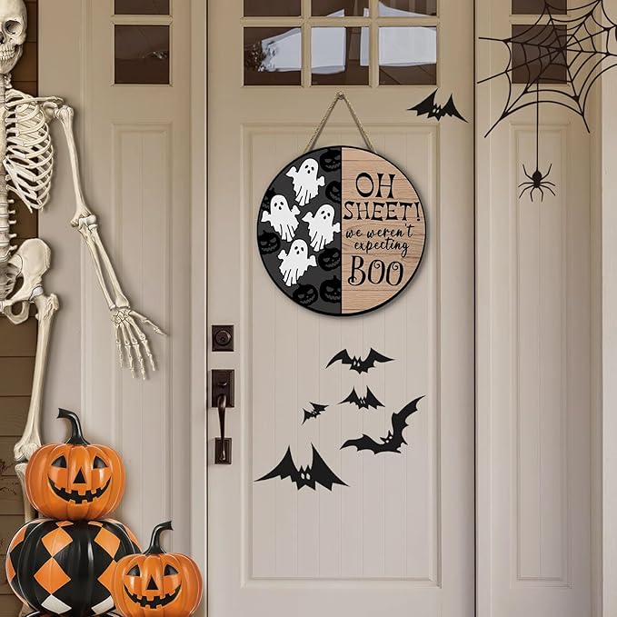 Halloween Spooky Ghost Door Sign for Front Door Horror Boo Pumpkins Door Wall Hangers Welcome Wooden Hanging Sign for Home Party Outdoor Decorations