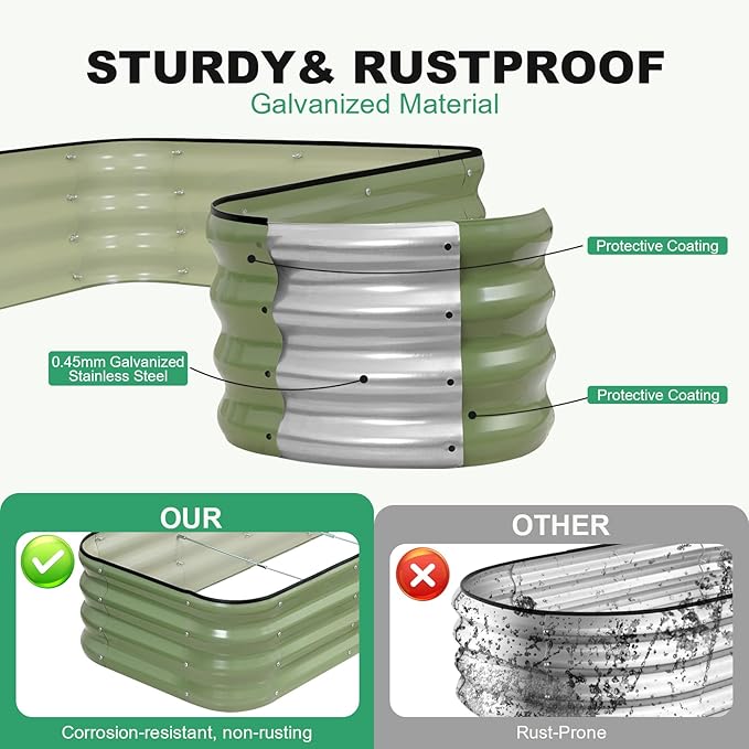 1MORE Raised Garden Bed -8X2X1 Galvanized Planter Box for Outdoor Gardening,5 in 1 Modular Raised Bed Kit with Protective Tape, Gloves for Herb,Ideal for Vegetables and Plants.Green-2pack