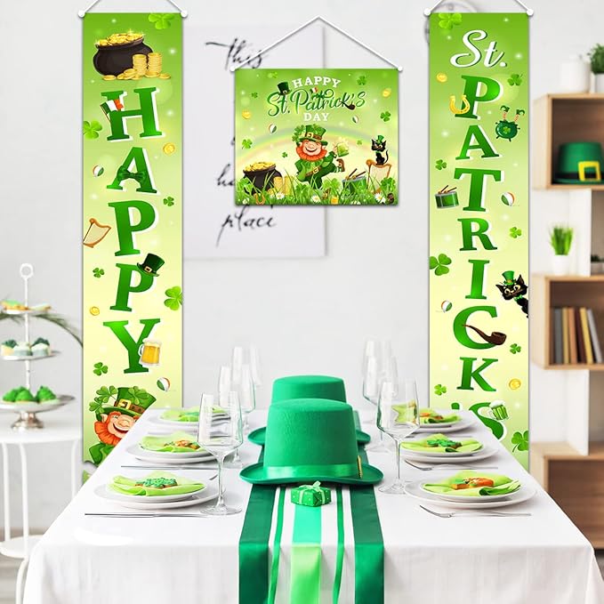 St Patricks Day Porch Sign Decoration - 3 Pack Green Clover Banner Yard Sign Irish Clover Front Door Hanging Banner for Outdoor Indoor Hanging Background St. Patrick's Day Family Party
