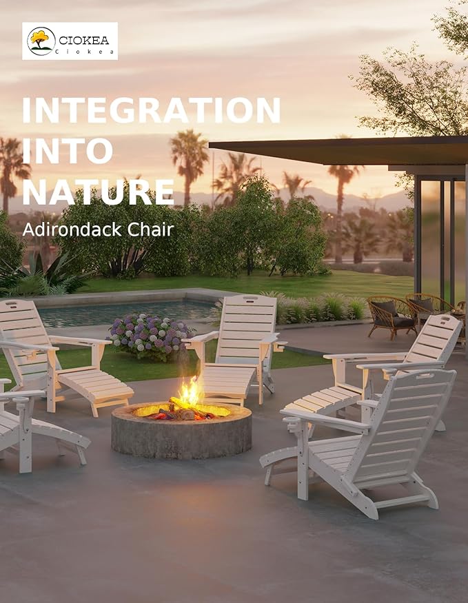 Ciokea Folding Adirondack Chair with Retractable Ottoman Fire Pit Patio Chair with Pull Out Foot Rest Weather Resistant Lawn Outdoor Lounge Chair with 2 Cup Holder (White)