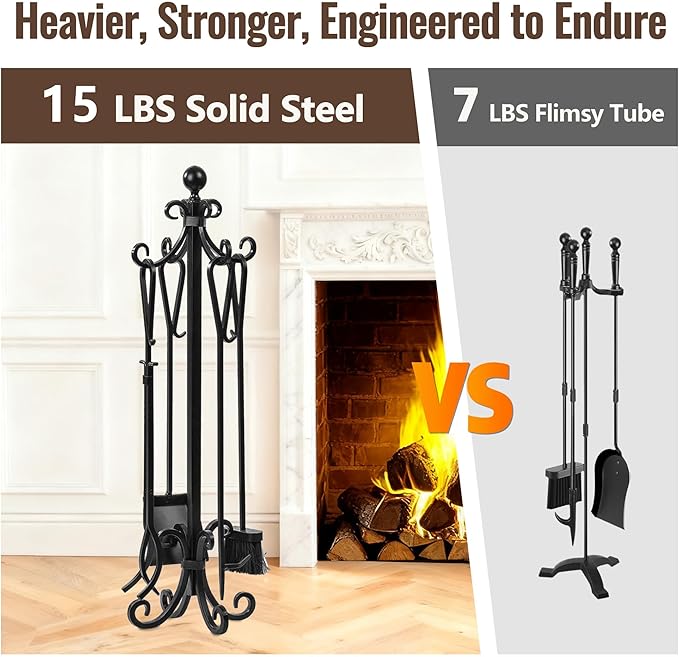 AMAGABELI GARDEN & HOME 5 Pieces Fireplace Tools Set Heavy Duty Black Cast Wrought Iron Tool Set with Log Holder Fire Set Stand Scroll Rustic Antique Accessories Set