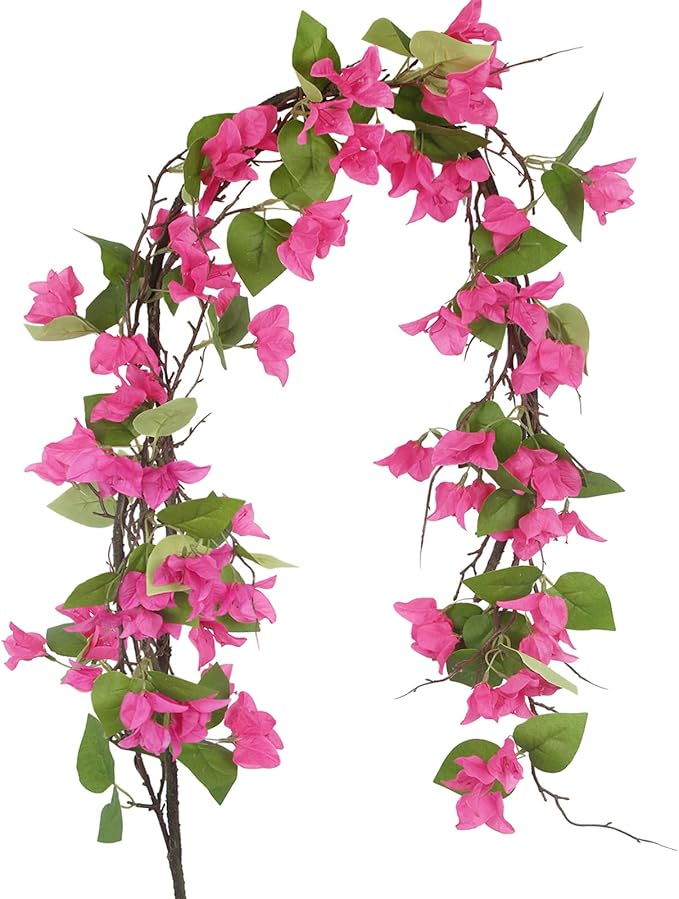 Artificial Bougainvillea Flowers Garland Silk Bougainvillea Vines UV Resistant Realistic Faux Hanging Flowers Plants for Outdoor Outside Summer Decor Porch Patio Balcony Yard Wall Rose Red