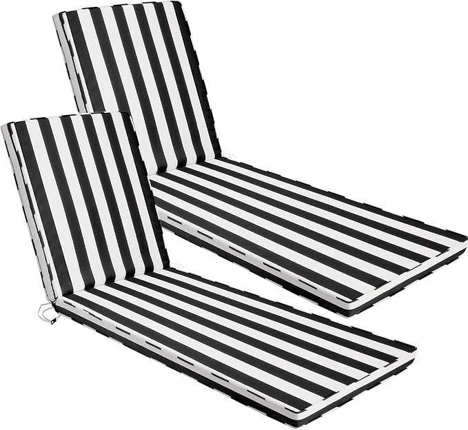 Chaise Lounge Cushions Outdoor Set of 2, 71"x22"x3" Patio Lounge Chair Furniture Cushions with Washable Covers for Pool, Patio, Lawn (Black+White Stripes, 2 Pcs)