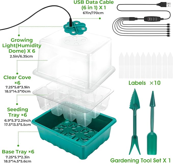Seed Starter Tray with Grow Light, 6pcs Seed Starter Kits with Light and Humidity Domes, Timing Controller & Adjustable Brightness & 3 Light Mode, Indoor Seedling Starter Plant Germination Trays