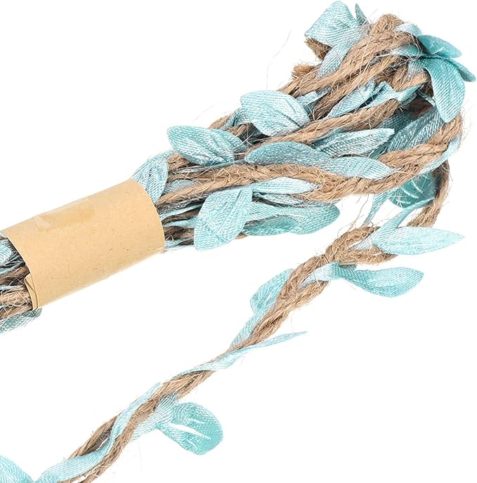 PATIKIL 6.6ft 5mm Burlap Leaf Ribbon, 2 Pack Braided Decoration Vine Natural Jute Rope Twine with Artificial Leaves for Jungle Wedding Party Home Garden Decor, Sky Blue