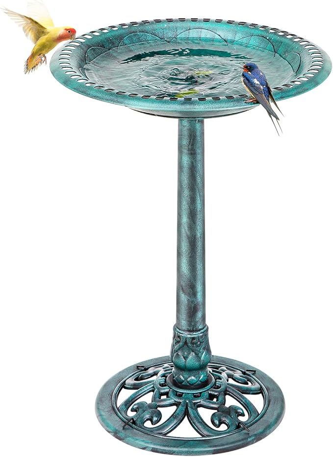 ZENY 28 Inch Height Polyresin Bird Bath Antique Outdoor Garden Decor Vintage Yard Art, Green