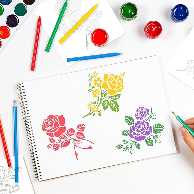 12 PCS Rose Flower Stencils Reusable Rose Cherry Blossom Templates, Plastic Floral Pattern Stencils for Painting on Wood Floor Wall DIY Crafts Home Decorations 7.8 X 7.8 Inch
