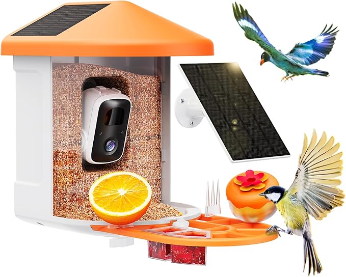 Bird Feeder with Camera with AI Identify Birds Species Solar Powered, Smart Bird House with Cam, 2K HD Video Live Stream, Instant Arrival Alerts - Orange