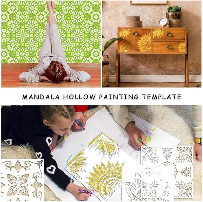 9 Pack(12x12 Inch) Large Mandala Stencils, Reusable Stencils for Painting Template Stencils Painting DIY Easter Decor Art Scrapbook on Wood, Floor, Wall, Tile
