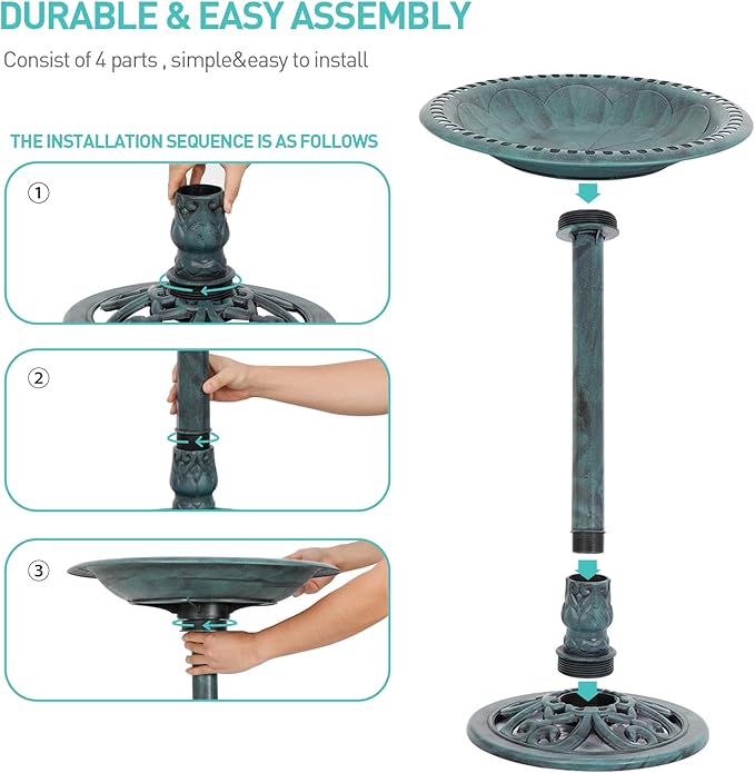 ZENY 28 Inch Height Polyresin Bird Bath Antique Outdoor Garden Decor Vintage Yard Art, Green