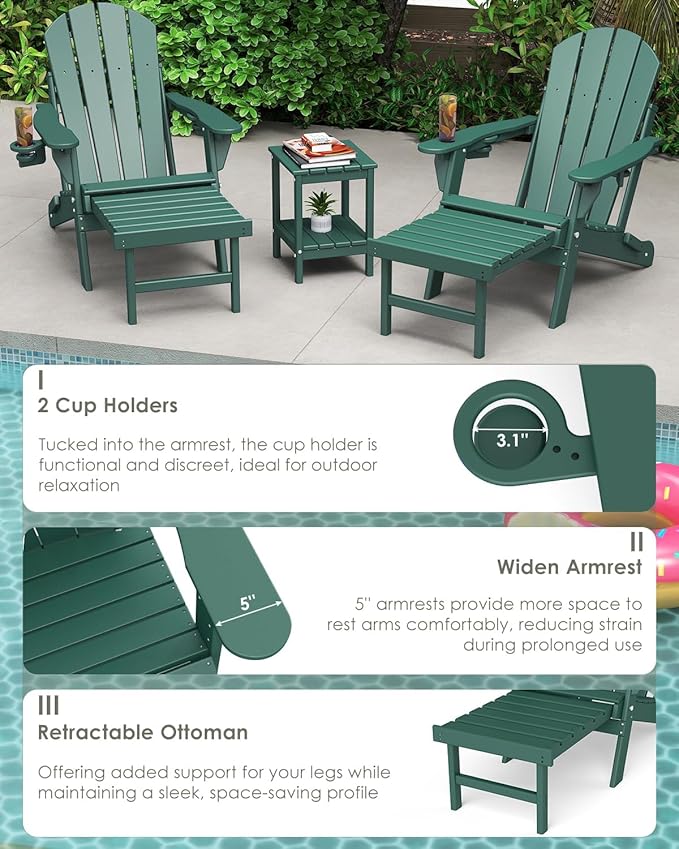 GREENVINES Adjustable Adirondack Chair with Retractable Ottoman Set of 2 | Folding | HDPE Plastic | Fire Pit Chairs w/Foot Rest | 2 Cup Holders | Forest | for Outdoor Patio Poolside Deck