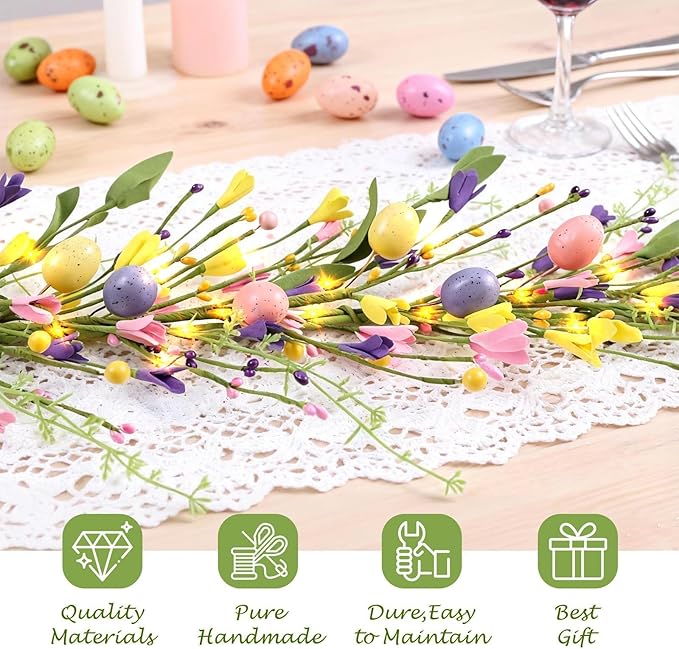 6.5 Ft Easter Colorful Eggs Garland for Mantle Spring Summer Pastel Artificial Flower Garlands Vines Easter Decorations for Home Mantle Fireplace Indoor Holiday Decor