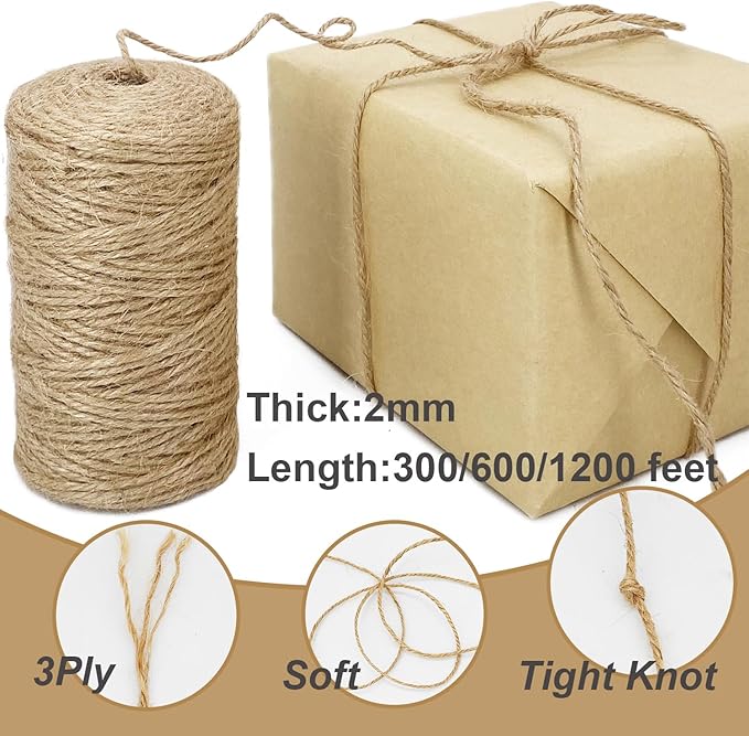 Leecogo 2mm Jute Twine 600 Feet 3Ply Twisted Heavy Duty Brown Twine String Ribbon for Arts Crafts DIY Project Gardening Packing Materials