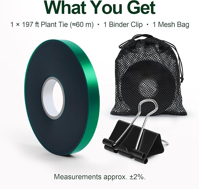 Plant Tie Tape 0.5" × 197 ft – Non-Adhesive Stretch PVC, Cut-to-Length, Weather-Resistant & Reusable Garden Tape for Vines, Tomatoes & Trees, Includes Binder Clip & Mesh Bag