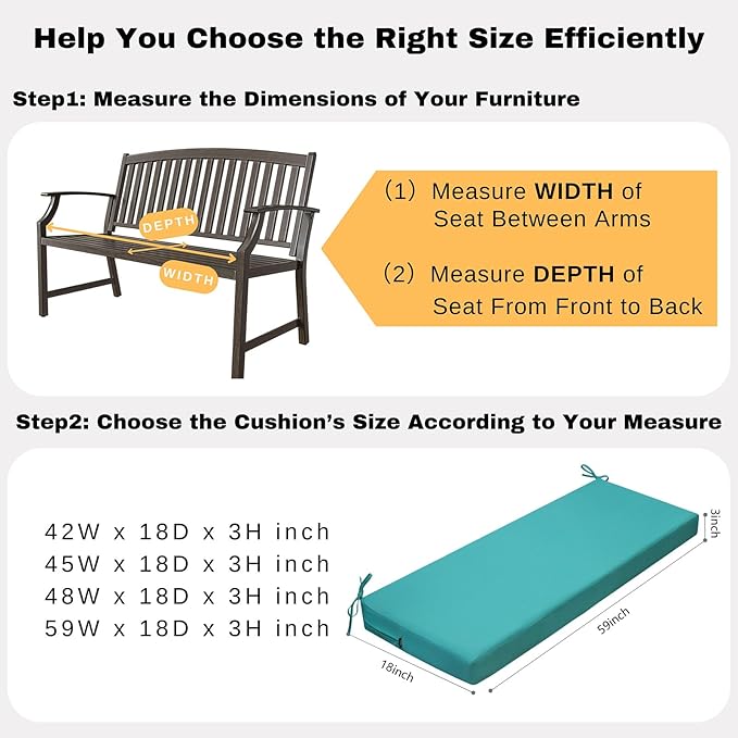 idee-home Outdoor Bench Cushion Waterproof, Bench Cushions for Outdoor Furniture, Patio Porch Swing Replacement Seat Pad with Ties for Garden Backyard, 59 x 18 Inch Peacock Blue