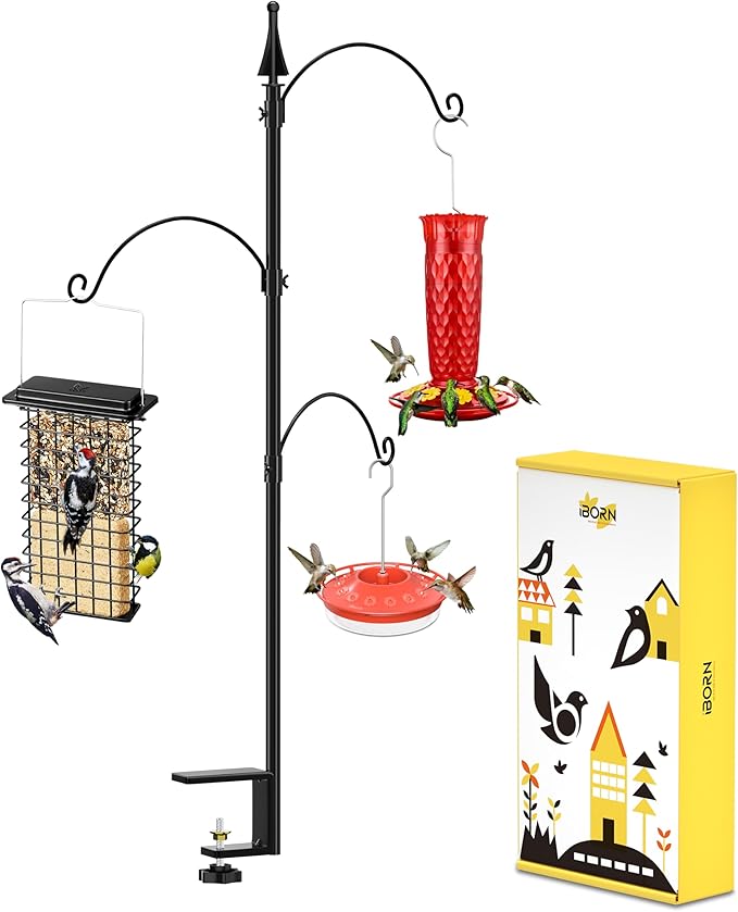 iBorn Bird Feeder Hook for Deck Railing Outside Hanging for Hummingbird Feeders Deck Hanger,3 Hooks 360 Degree Swivel,Attracting Birds Shepard Hook for Bird Feeders (Feeders are Not Included)