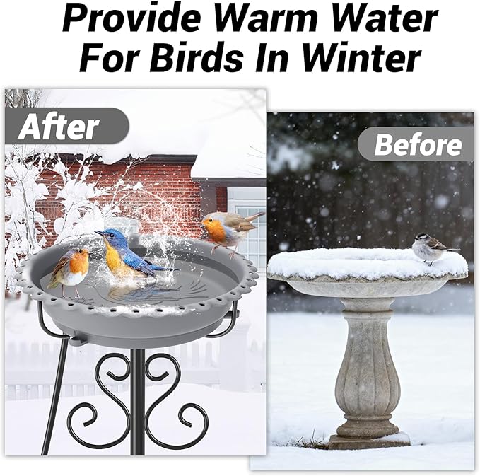 Heated Bird Baths for Outdoors,Upgraded 100W Thermostat Control Heated BirdBaths for Winter with Metal 5 Prong Base Heated Bird Bath for Outside Winter Garden Yard Patio Lawn (Grey)