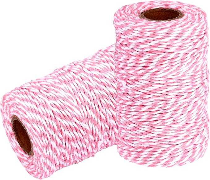 Cotton Twine String Bakers Rope: 2 Roll Twines for Crafts Gift Wrapping - 656 Feet Pink White Twine for Kitchen Cooking