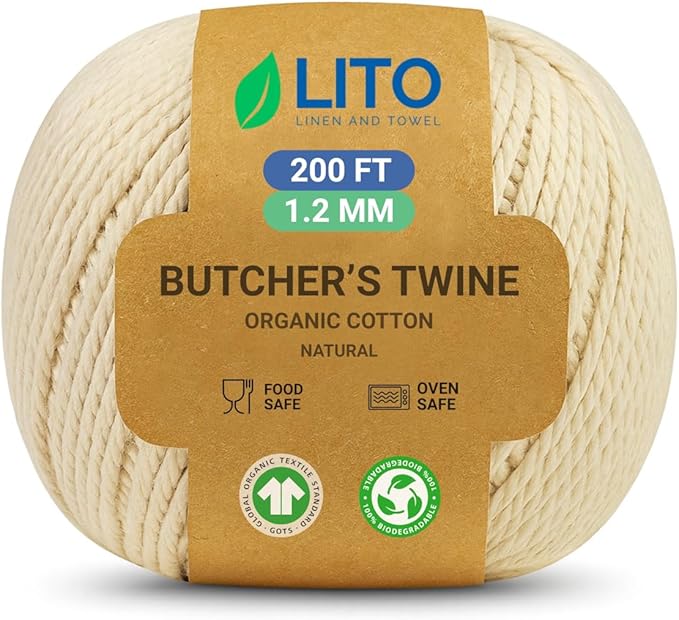 Butchers Twine 200 Feet 1.2mm – Heavy Duty Cooking Twine Natural Organic Cotton Twine Kitchen String, Food-Safe Bakers Twine and Oven-Safe for Trussing Meat, Turkey, Baking, BBQ & Crafts
