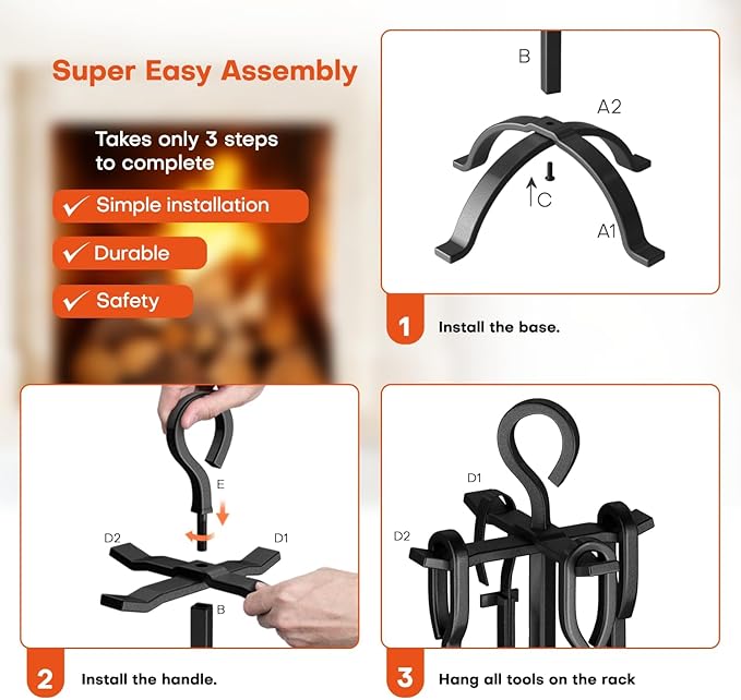 COMFYHOME Fireplace Tools 5 Pcs, 32-Inch Wrought Iron Fireplace Tools Set with Ergonomic Handle, Fire Poker, Tong, Shovel, Brush, Stand for Outdoor Indoor Fire Pit, Modern Fireplace Kit, Black
