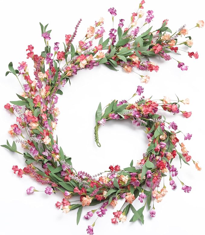 Artgar Flower Garland 9Ft Spring/Summer Garland Floral Garlands for Mantle All Year Round Paper Garlands Decor for Indoor Outdoor Home Wedding Arch Porch Stair Year Round Decor (Red&Orange&Purple)