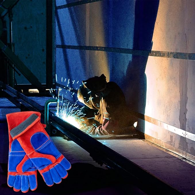 Welding/BBQ Leather Gloves, 16 Inches, Red-Blue, Heat/Fire Resistant, Mitts for Oven/Grill/Fireplace/Furnace/Stove/BBQ/16 inches Extra Long Sleeve