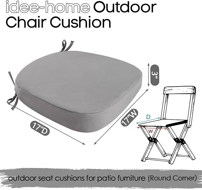 idee-home Outdoor Chair Cushions Set of 4, 17" x 17" x 3" Thick D-Shaped Patio Furniture Outdoor Seat Cushions Waterproof with Ties, Dining Pads