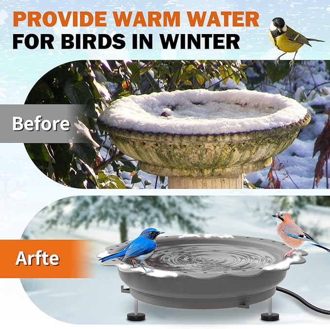 Heated Bird Bath for Outside Winter, Powerful 100W Thermostat Control Heated Bird Baths for Outdoors with 3 Metal Extension Screws, Heated Birdbath Water Heater for Garden Yard Patio Lawn(Grey)