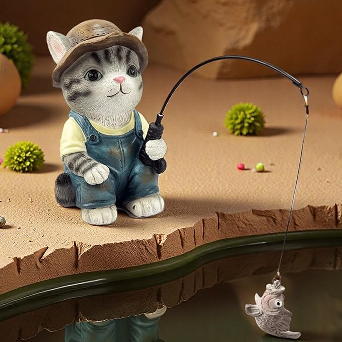 GARDEN WHISPER Cat Statue Outdoor Koi Pond Garden Decoration, Grey Cat Decor for Yard 7.1'' Fishing Tabby Statue Outdoor Garden Decor, Fishing Guy for Waterfalls or Koi Pond Additioanl, Gifts for Mom