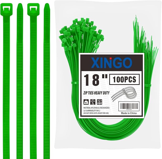 XINGO 18 inch Green Zip Ties Heavy Duty (100 Pack), 60lb Tensile Strength, UV Resistant Cable Ties for indoor and outdoor use