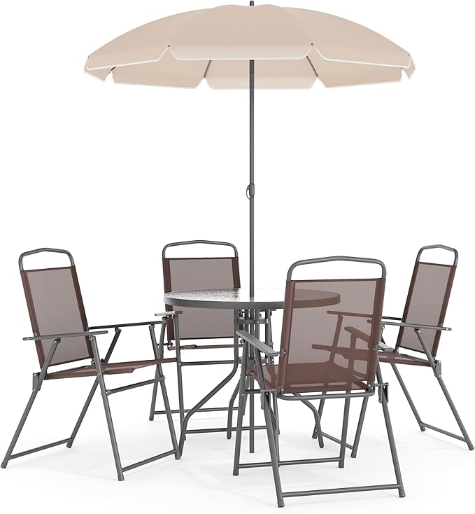 Flash Furniture Nantucket 6-Piece Patio Dining Set with Glass Table, 4 Folding Chairs, and Umbrella, Outdoor Patio Set, Brown