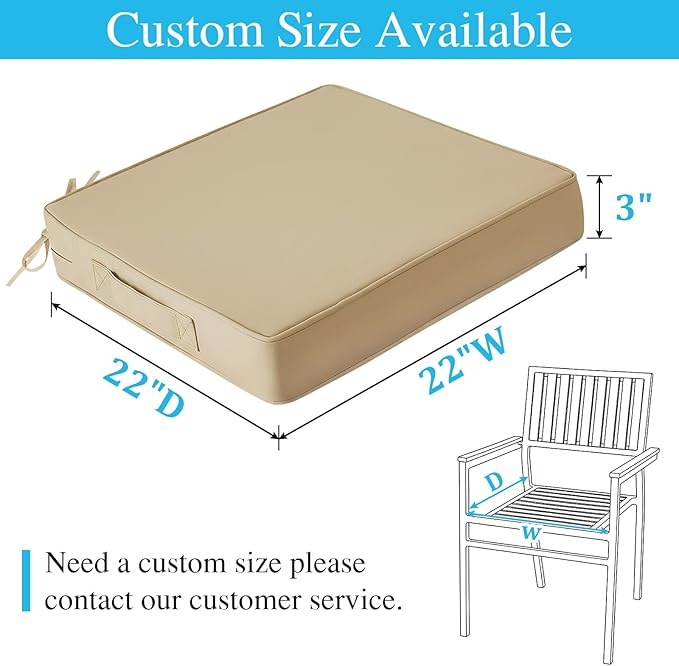 Amagenix Outdoor Chair Cushions Set of 2, 22"x22"x3" Waterproof Outdoor Seat Cushions for Patio Furniture, Stripe Reversible Patio Cushions with Ties & Handle & Hidden Zipper, Fade-Resistant,Beige