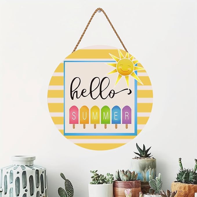 5ARTH Hello Summer Wooden Front Door Hanger Sign Hanging Sun Wall Decorations Porch Decor Home Garden Farmhouse Indoor Outdoor Wall Hanging Decoration