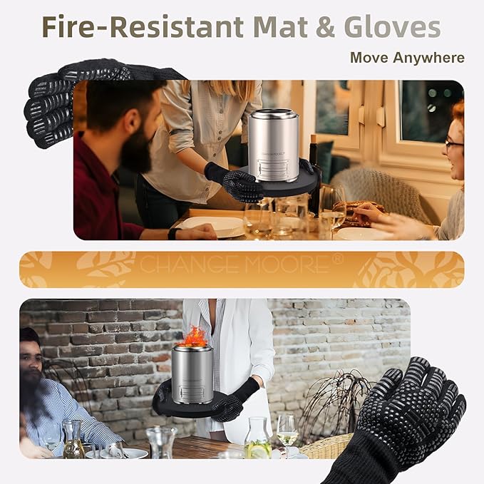 CHANGEMOORE 9.1'' Fire Pit Mat & Heat Resistant Gloves Set, Tabletop Protection with Foldable Stand, Barbecue Heat Resistant Mat for Tabletop Fire Pit, Long Wrist Non-Slip Silicone, up to 300°C