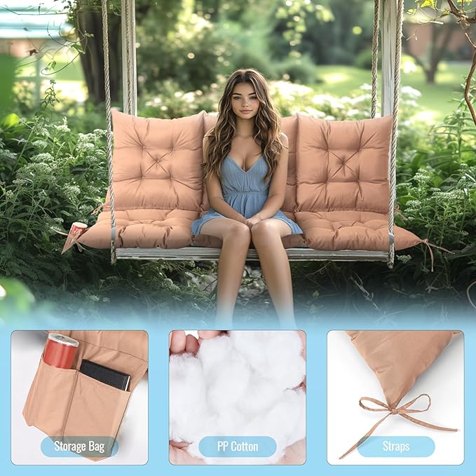 NACATIN 3 Seat Cushion for Outdoor Swing - 60x40 inches, 4" Thick Porch Swing Cushions with Ties and Storage Bag, Waterproof Bench Cushions for Patio, Outdoor, Backyard and Garden (Khaki)
