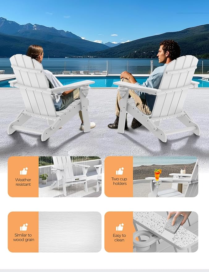 Folding Adirondack Chair, Wooden Textured Plastic Adirondack Chairs with 2 Cup Holder, Weather Resistant HDPE Fire Pit Chair, Outdoor Patio Chairs for Garden, Backyard, Lawn, Deck, 380LBS, White